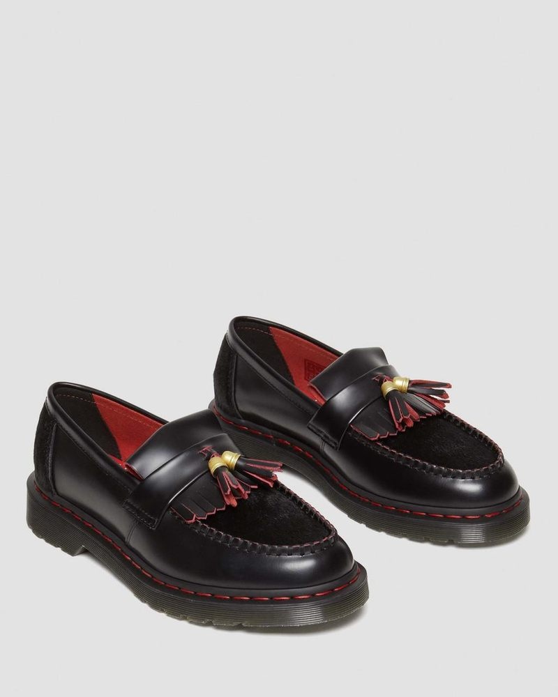 Zapatos Dr Martens Adrian Year of the Dragon Hair-On Tassel Loafers (Smooth Slice+Hair On) Negras Rojas Negras | MK48-W8NC