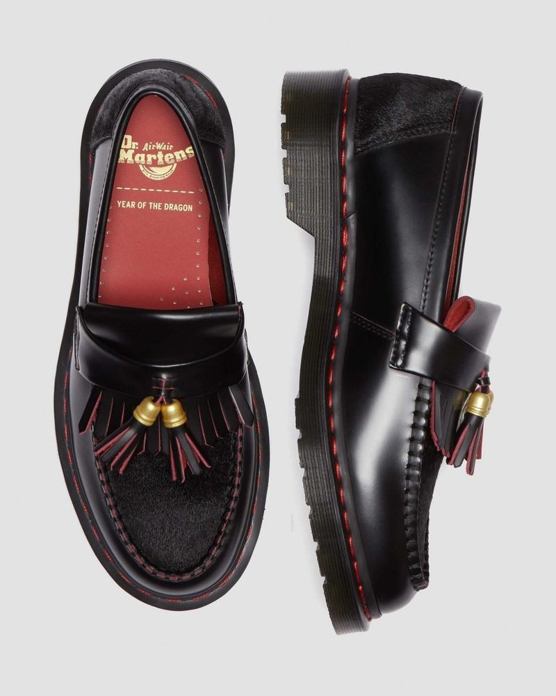 Zapatos Dr Martens Adrian Year of the Dragon Hair-On Tassel Loafers (Smooth Slice+Hair On) Negras Rojas Negras | MK48-W8NC