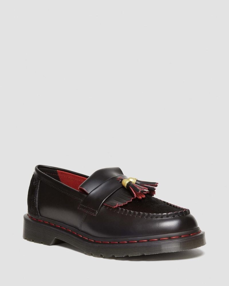 Zapatos Dr Martens Adrian Year of the Dragon Hair-On Tassel Loafers (Smooth Slice+Hair On) Black/Red/Black | KN39-B7BE