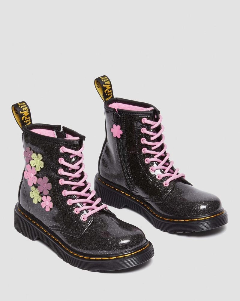 Zapatos Dr Martens Junior 1460 Glitter & Flower Applique Encaje Up Boots (Coated Glitter Pu+Athena) Negras | AI83-G0ED