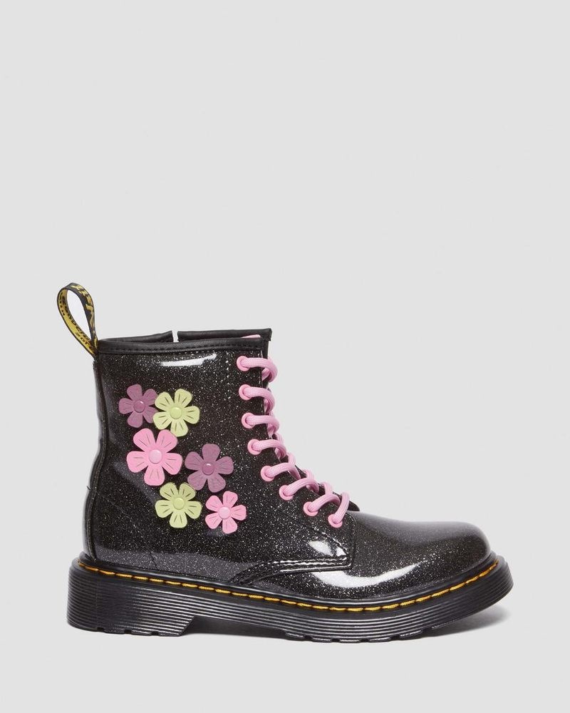 Zapatos Dr Martens Junior 1460 Glitter & Flower Applique Encaje Up Boots (Coated Glitter Pu+Athena) Negras | AI83-G0ED