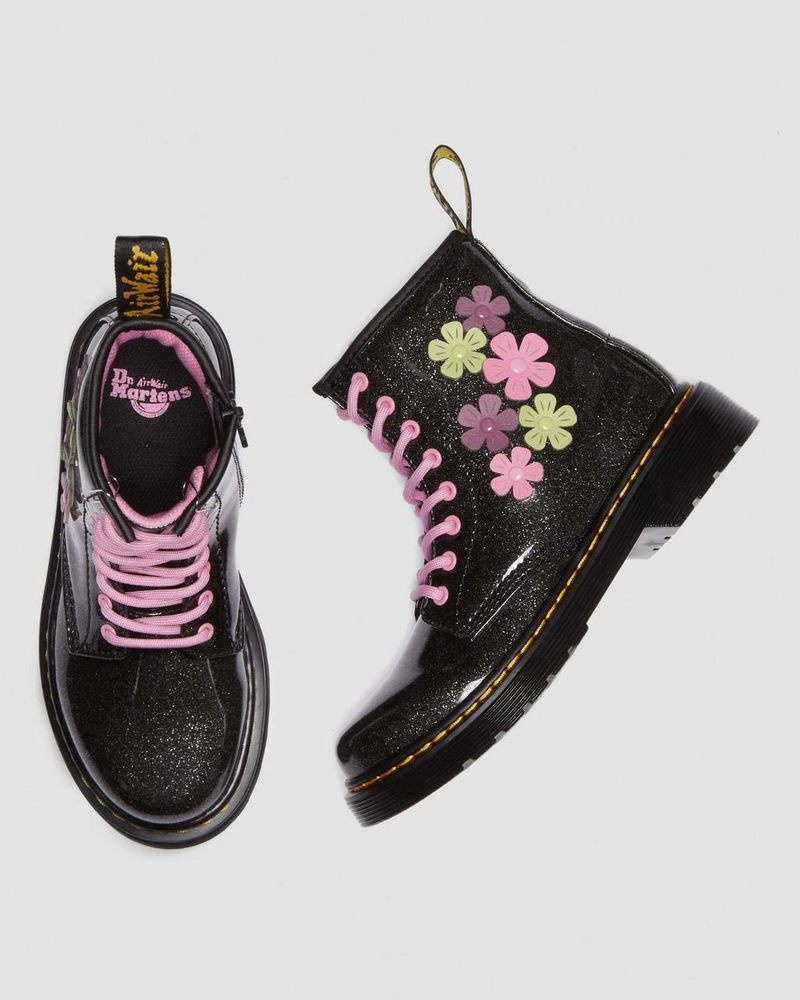 Zapatos Dr Martens Junior 1460 Glitter & Flower Applique Encaje Up Boots (Coated Glitter Pu+Athena) Negras | AI83-G0ED