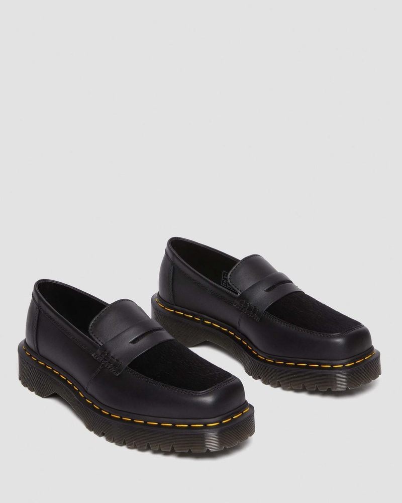 Zapatos Dr Martens Penton Bex Square Puntera Hair-On & Cuero Loafers (Lucido + Hair On) Negras | BH62-K6DW