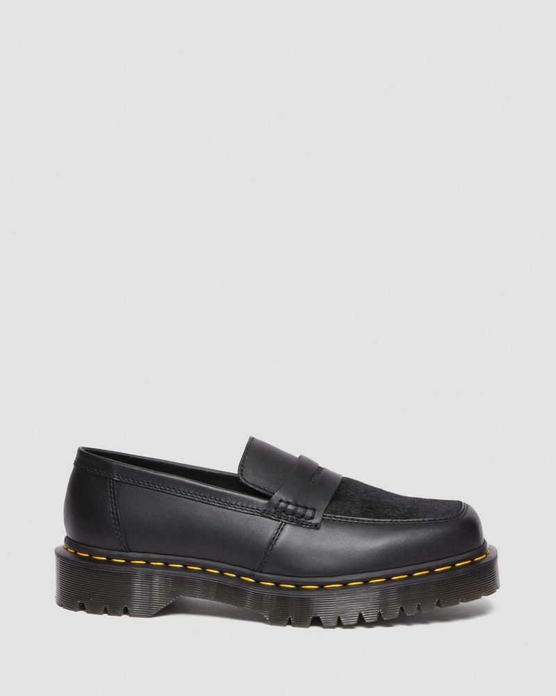 Zapatos Dr Martens Penton Bex Square Puntera Hair-On & Cuero Loafers (Lucido + Hair On) Negras | BH62-K6DW