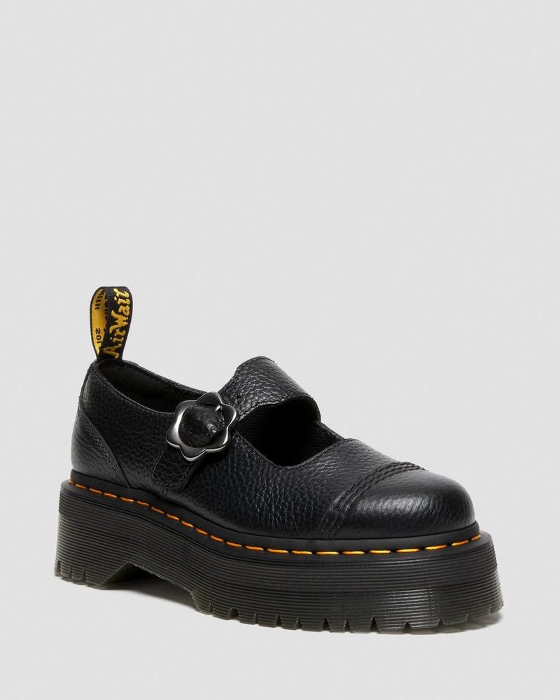 Zapatos de Plataforma Dr Martens Addina Flower Hebilla Cuero Plataforma Shoes (Milled Nappa) Negras | PP84-Y2SQ